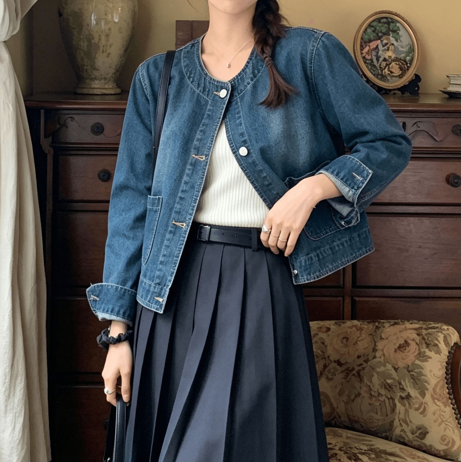 선물 화물 한국 chic 레트로 품격 미니멀리즘 라운드 넥 싱글 줄 버튼 루즈핏 데님 짧은 여성 코트 상세 이미지 21