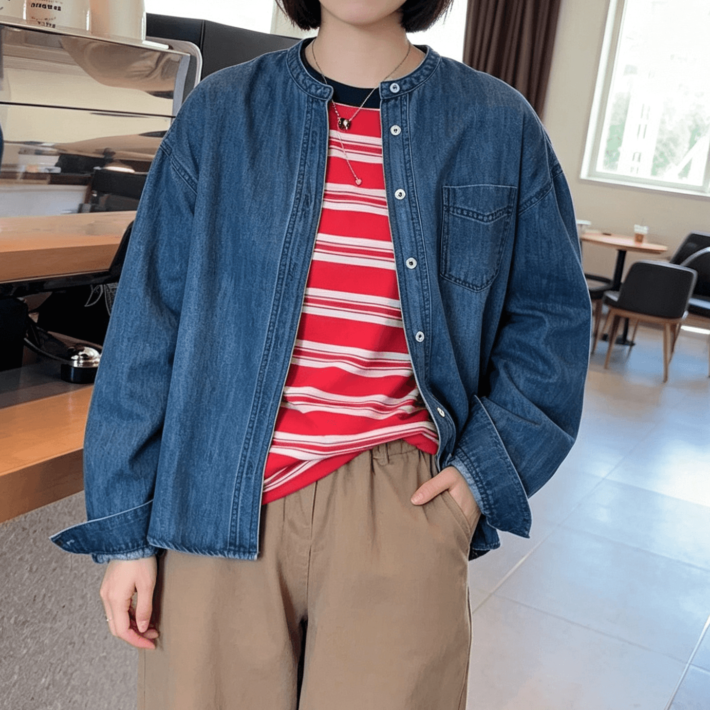 선물 화물 데님 여성 코트 워싱 루즈핏 캐주얼 다용도 라운드 넥 작은 키 맨위 셔츠 재킷 이미지 3
