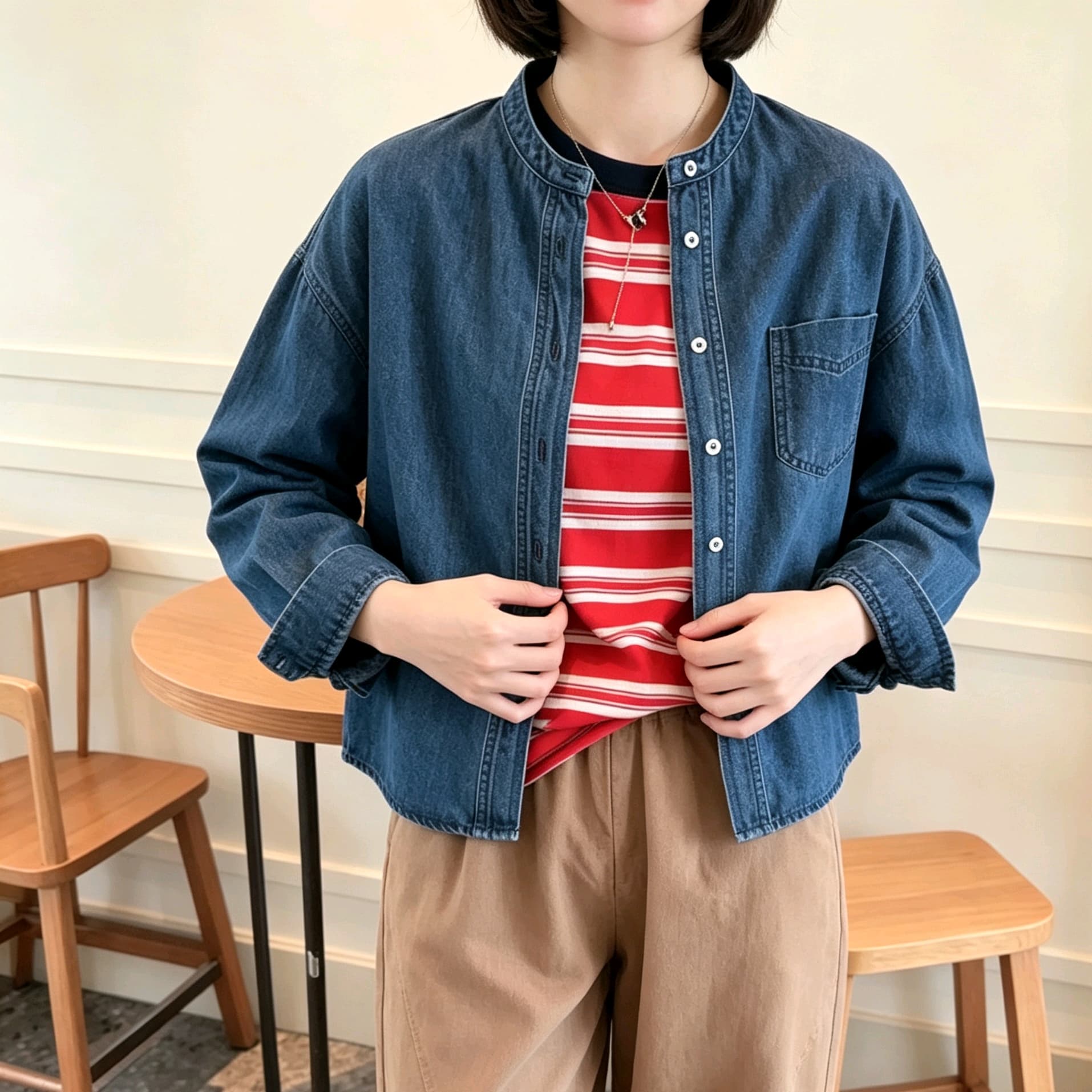 선물 화물 데님 여성 코트 워싱 루즈핏 캐주얼 다용도 라운드 넥 작은 키 맨위 셔츠 재킷 이미지 5