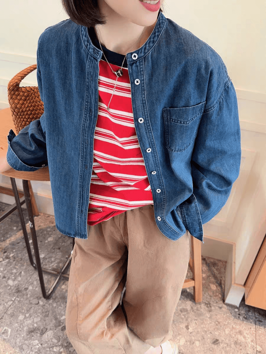 선물 화물 데님 여성 코트 워싱 루즈핏 캐주얼 다용도 라운드 넥 작은 키 맨위 셔츠 재킷 상세 이미지 4