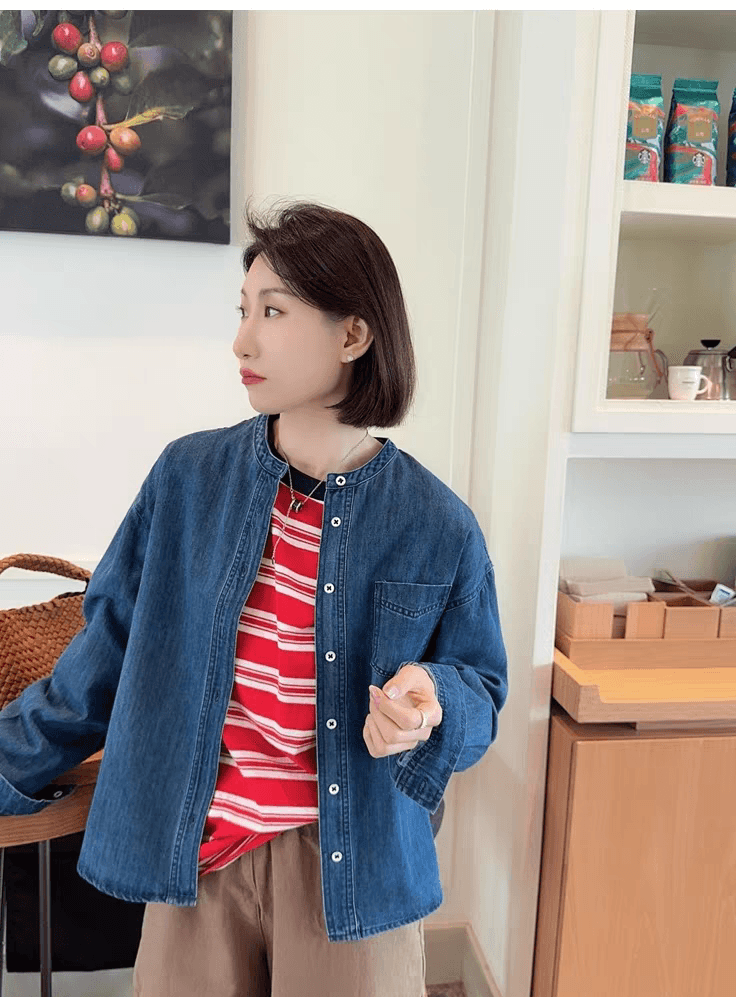 선물 화물 데님 여성 코트 워싱 루즈핏 캐주얼 다용도 라운드 넥 작은 키 맨위 셔츠 재킷 상세 이미지 7