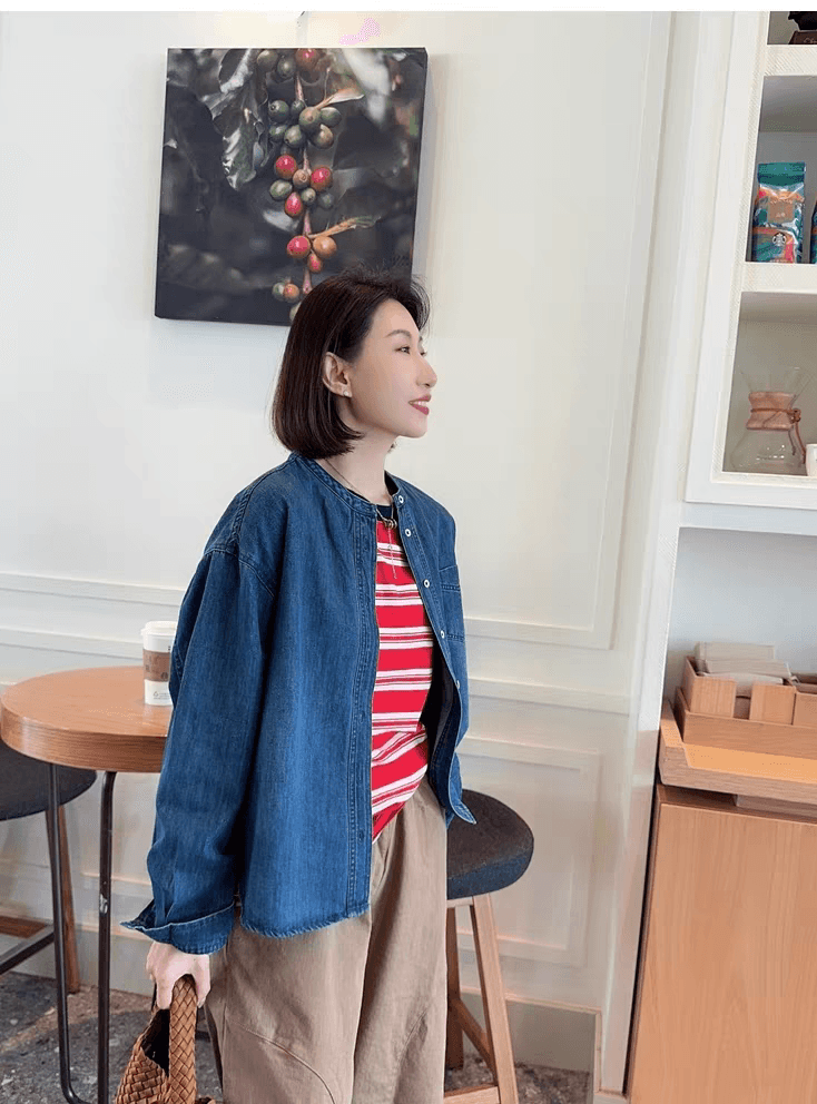 선물 화물 데님 여성 코트 워싱 루즈핏 캐주얼 다용도 라운드 넥 작은 키 맨위 셔츠 재킷 상세 이미지 8