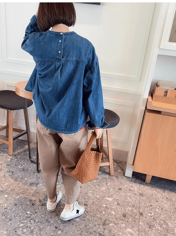 선물 화물 데님 여성 코트 워싱 루즈핏 캐주얼 다용도 라운드 넥 작은 키 맨위 셔츠 재킷 상세 이미지 10