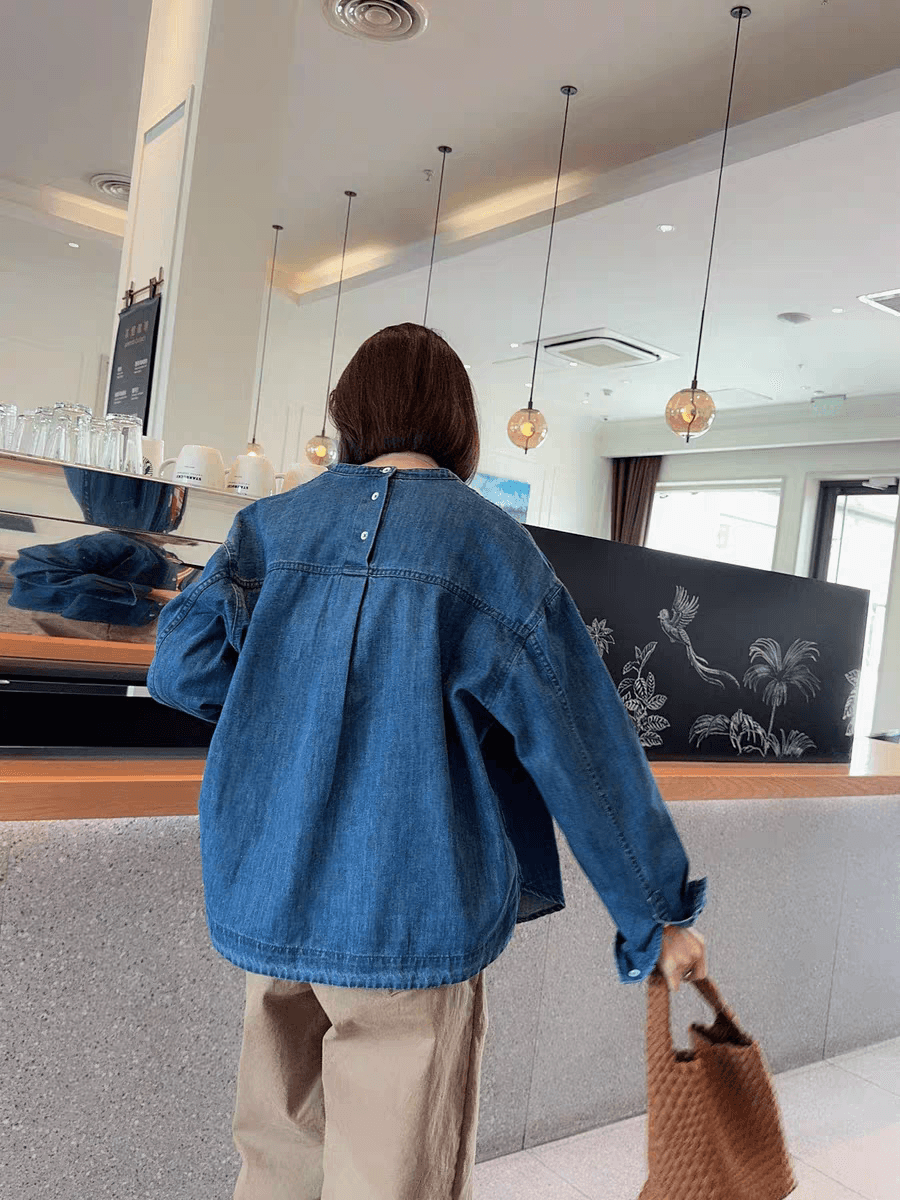 선물 화물 데님 여성 코트 워싱 루즈핏 캐주얼 다용도 라운드 넥 작은 키 맨위 셔츠 재킷 상세 이미지 13