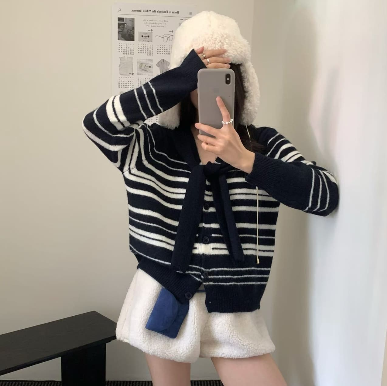 선물 화물 한국 동대문 디자인 센스 숄 페이크 레이어드 스트라이프 긴팔 니트 오픈 가디건 스웨터 상세 이미지 2