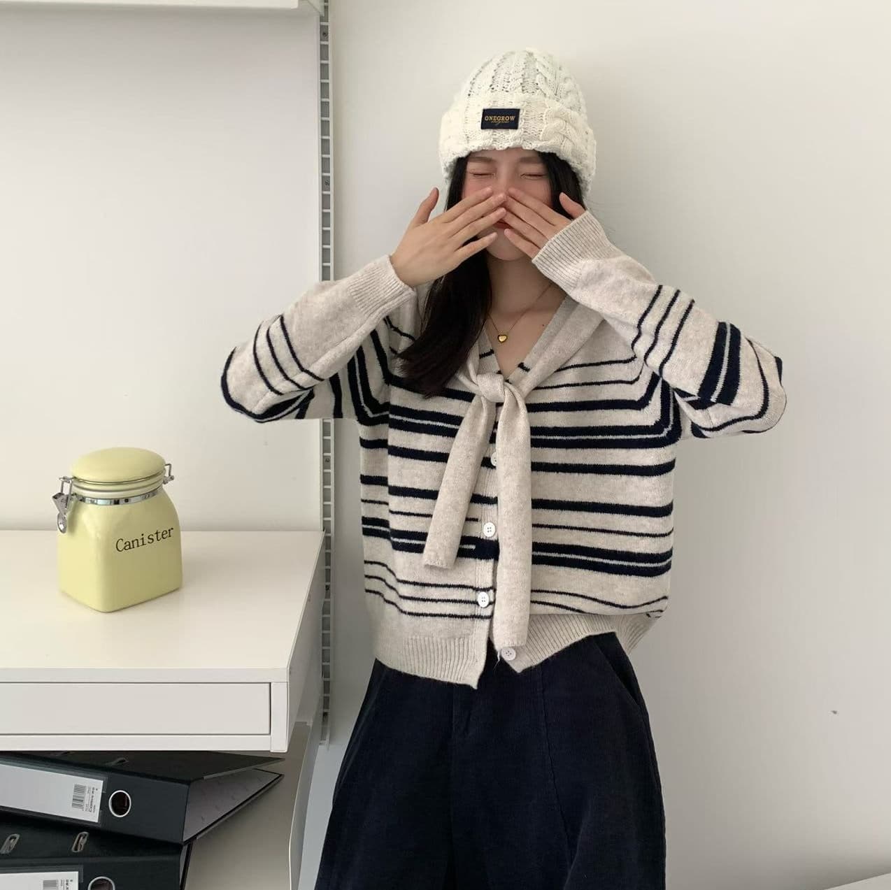 선물 화물 한국 동대문 디자인 센스 숄 페이크 레이어드 스트라이프 긴팔 니트 오픈 가디건 스웨터 상세 이미지 9