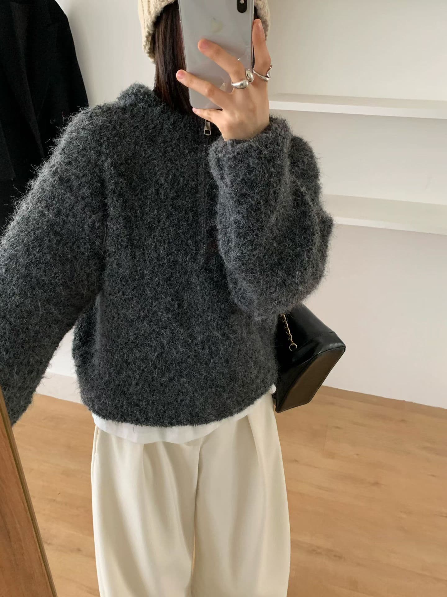 선물 화물 한 부서 고급 센스 레트로 루즈핏 다용도 부드러운 찹쌀 하프 지퍼 두꺼운 보온 풀오버 후드 스웨터 여자 이미지 2