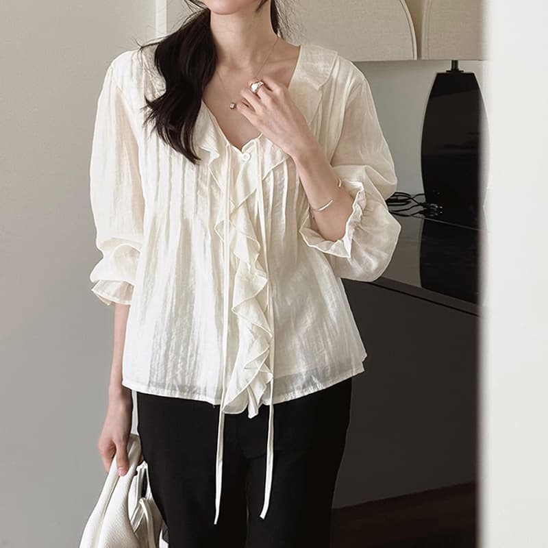 선물 화물 한국 chic 디자인 루즈핏 나팔 소매 맨위 달콤함 쉬폰 블라우스 프릴 V넥 여성 셔츠 주름 장식
