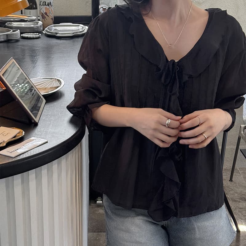 선물 화물 한국 chic 디자인 루즈핏 나팔 소매 맨위 달콤함 쉬폰 블라우스 프릴 V넥 여성 셔츠 주름 장식 이미지 3
