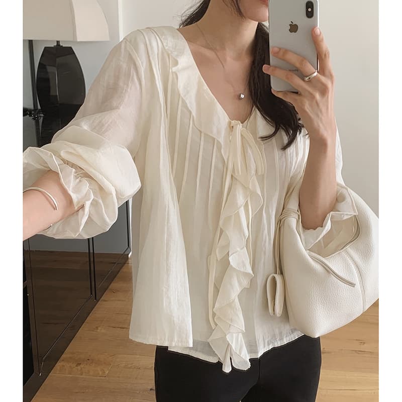 선물 화물 한국 chic 디자인 루즈핏 나팔 소매 맨위 달콤함 쉬폰 블라우스 프릴 V넥 여성 셔츠 주름 장식 상세 이미지 1