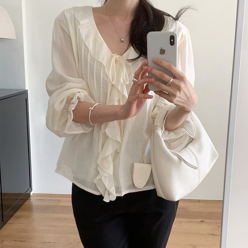 선물 화물 한국 chic 디자인 루즈핏 나팔 소매 맨위 달콤함 쉬폰 블라우스 프릴 V넥 여성 셔츠 주름 장식 상세 이미지 4