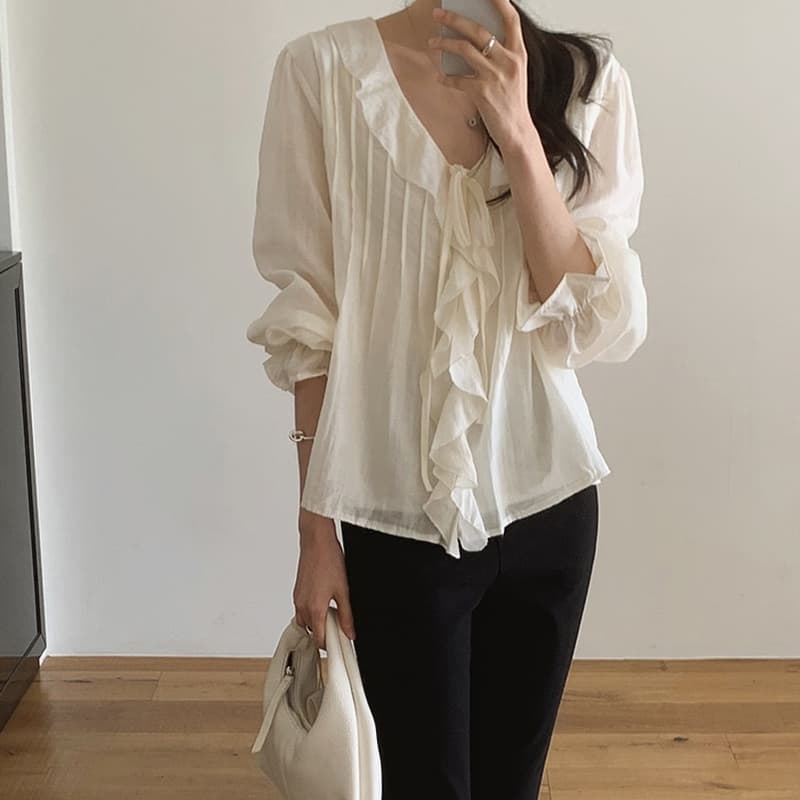 선물 화물 한국 chic 디자인 루즈핏 나팔 소매 맨위 달콤함 쉬폰 블라우스 프릴 V넥 여성 셔츠 주름 장식 상세 이미지 6