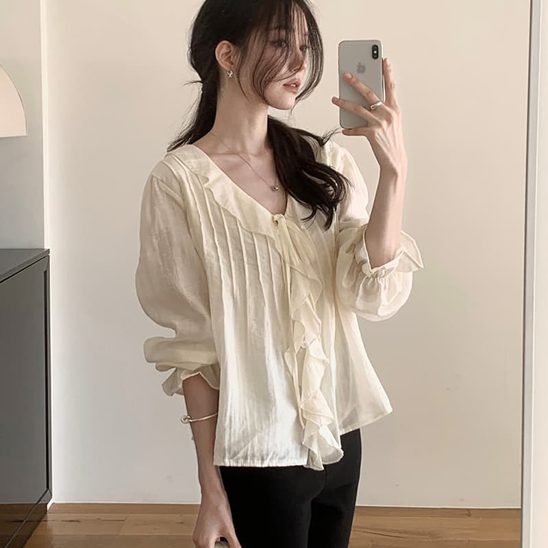 선물 화물 한국 chic 디자인 루즈핏 나팔 소매 맨위 달콤함 쉬폰 블라우스 프릴 V넥 여성 셔츠 주름 장식 상세 이미지 9