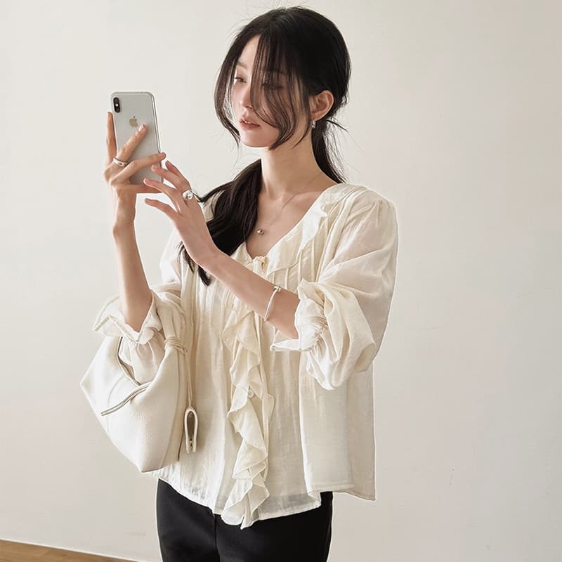 선물 화물 한국 chic 디자인 루즈핏 나팔 소매 맨위 달콤함 쉬폰 블라우스 프릴 V넥 여성 셔츠 주름 장식 상세 이미지 11