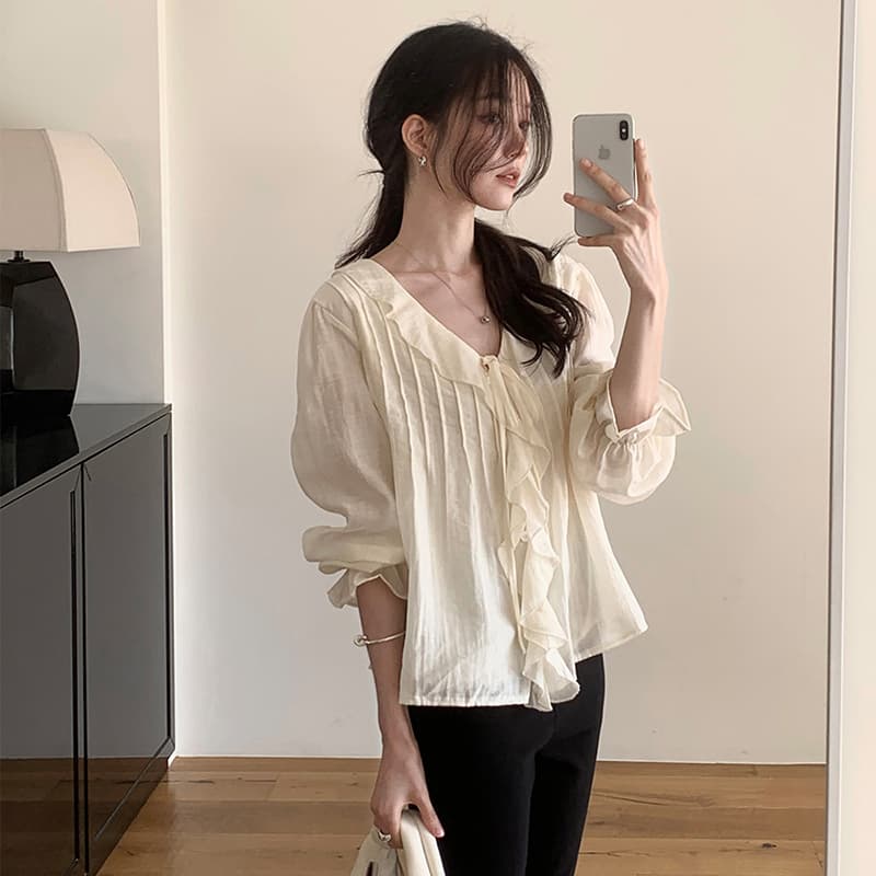 선물 화물 한국 chic 디자인 루즈핏 나팔 소매 맨위 달콤함 쉬폰 블라우스 프릴 V넥 여성 셔츠 주름 장식 상세 이미지 17