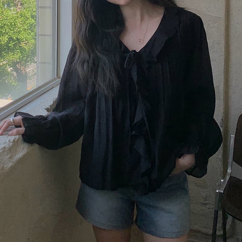 선물 화물 한국 chic 디자인 루즈핏 나팔 소매 맨위 달콤함 쉬폰 블라우스 프릴 V넥 여성 셔츠 주름 장식 상세 이미지 18