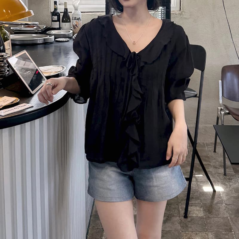 선물 화물 한국 chic 디자인 루즈핏 나팔 소매 맨위 달콤함 쉬폰 블라우스 프릴 V넥 여성 셔츠 주름 장식 상세 이미지 20