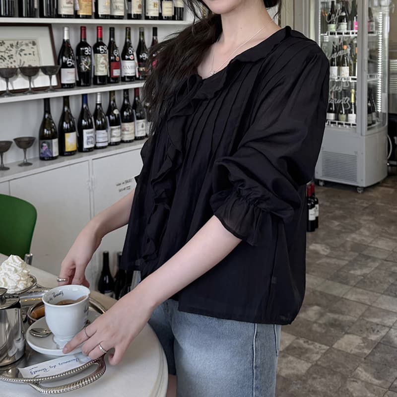 선물 화물 한국 chic 디자인 루즈핏 나팔 소매 맨위 달콤함 쉬폰 블라우스 프릴 V넥 여성 셔츠 주름 장식 상세 이미지 24