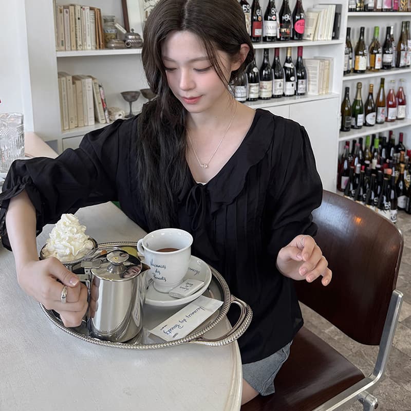 선물 화물 한국 chic 디자인 루즈핏 나팔 소매 맨위 달콤함 쉬폰 블라우스 프릴 V넥 여성 셔츠 주름 장식 상세 이미지 25