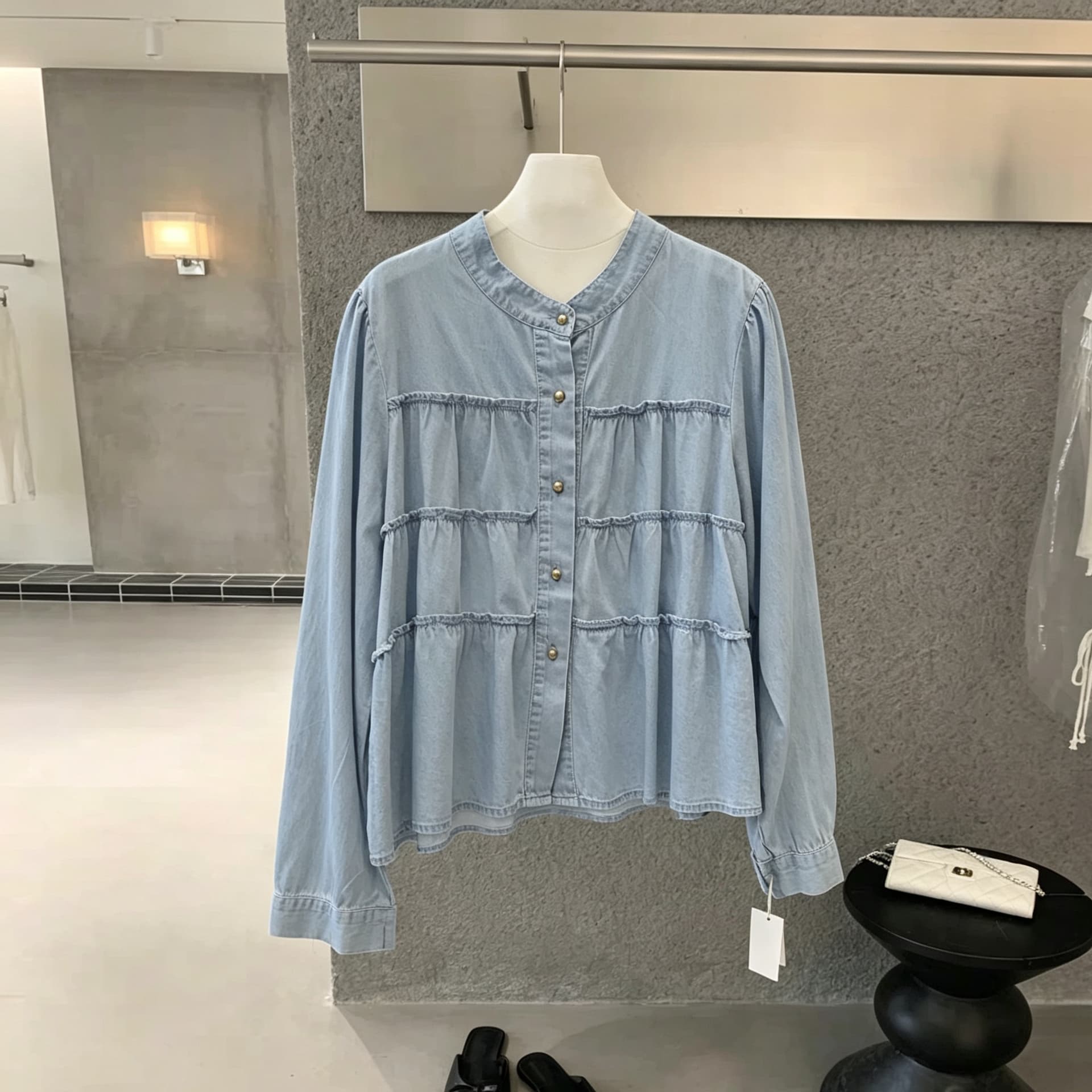 선물 화물 한국 동대문 패션 다용도 라운드 넥 레이스 데님 셔츠 상세 이미지 3