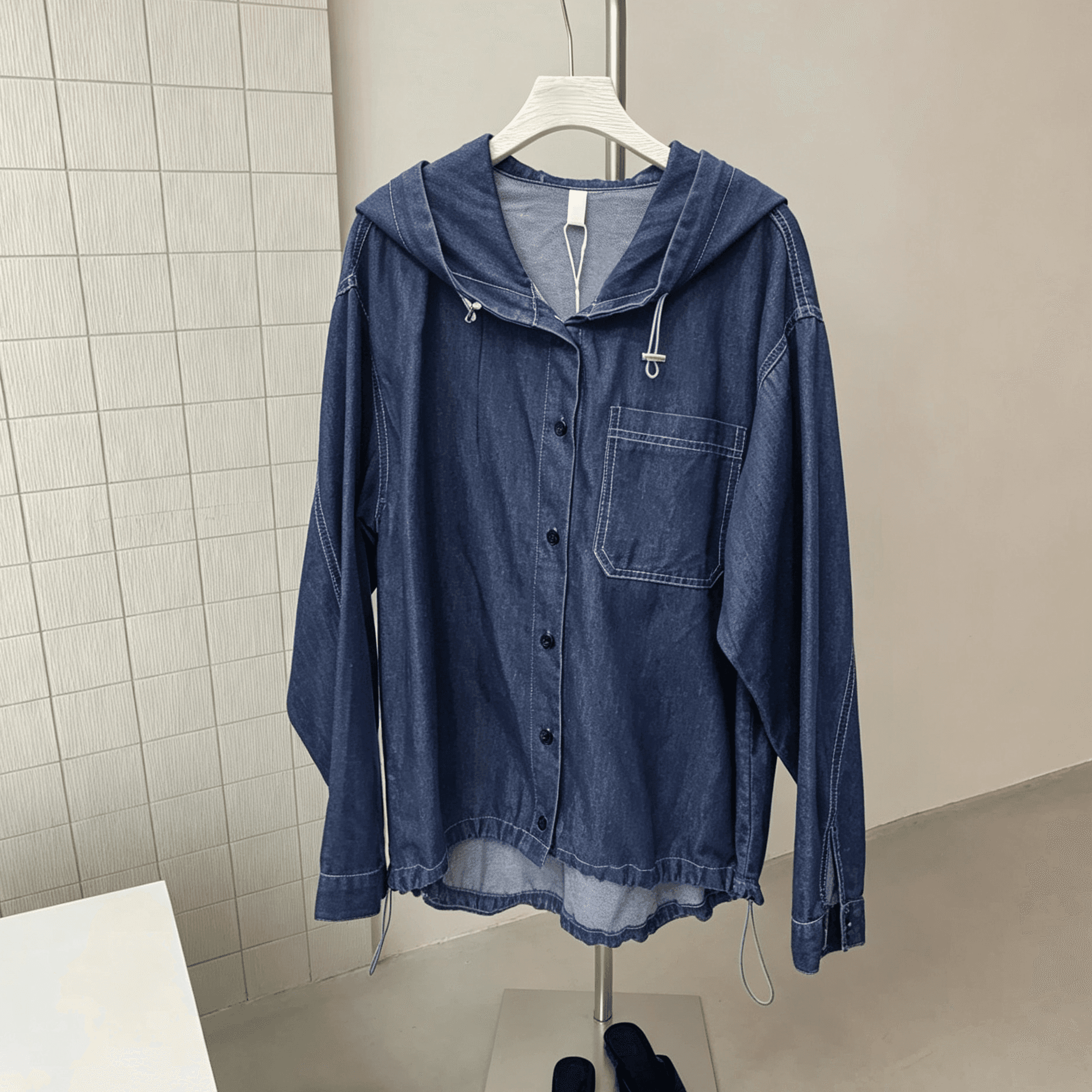 선물 화물 한국 스타일 데님 면 부드럽다 캐주얼 여성 데님 모자 셔츠 긴팔 셔츠 상세 이미지 8