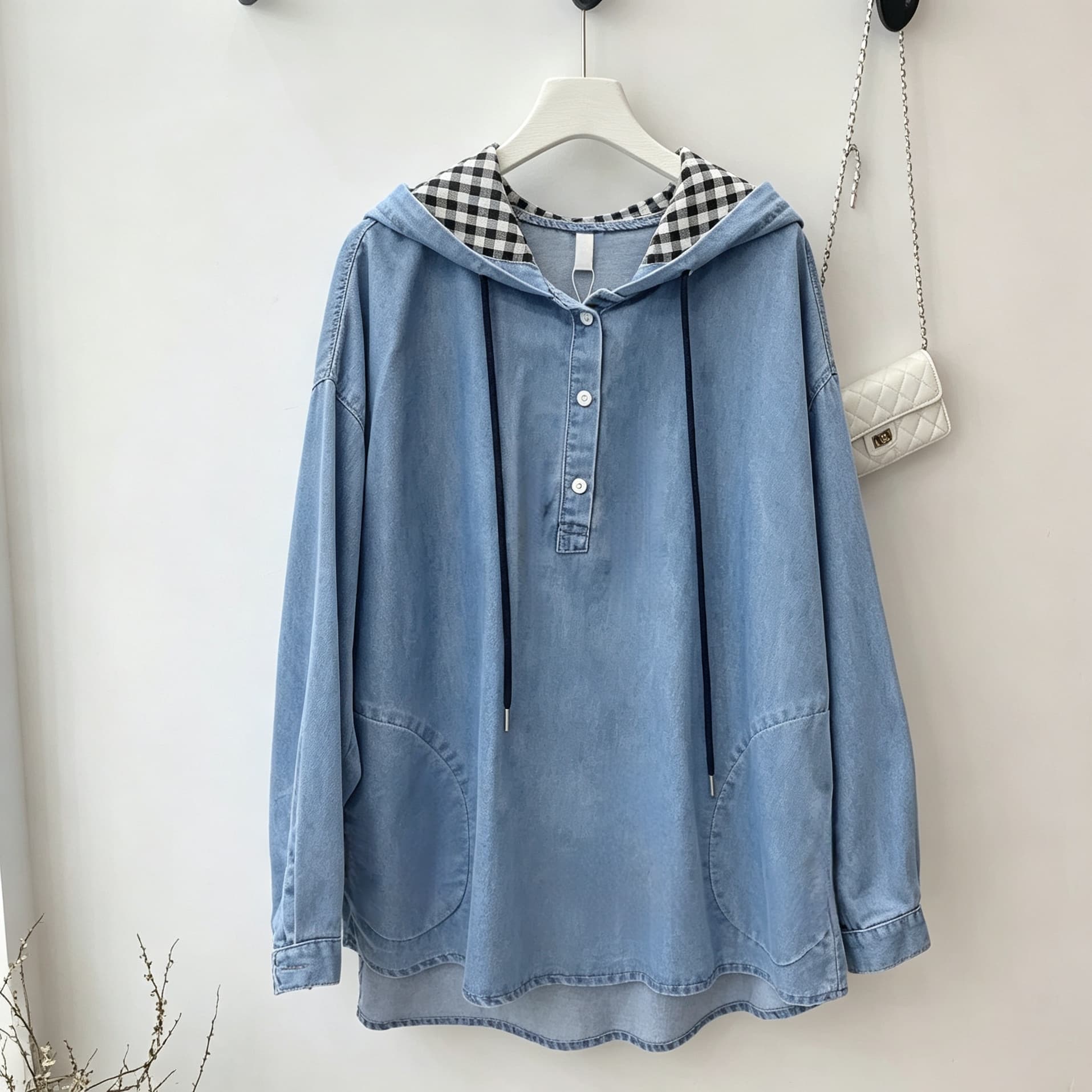 선물 화물 한국 동대문 루즈핏 캐주얼 바람 데님 후드 풀오버 맨위 다용도 데님 재킷 이미지 2