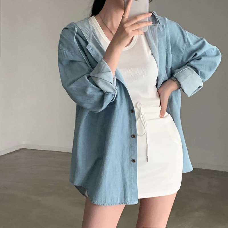 선물 화물 한국 chic 느긋한 바람 후드 레이스업 디자인 루즈핏 캐주얼 다용도 긴팔 데님 여성 셔츠
