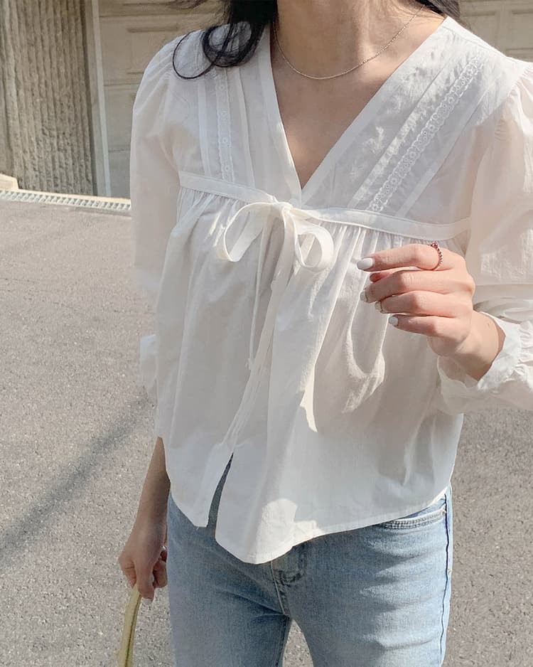 선물 화물 레트로 숙녀 V넥 달콤함 풀오버 긴팔 여성 셔츠 이미지 4