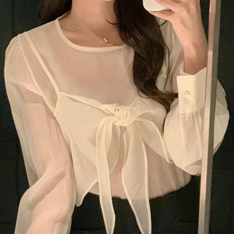 선물 화물 한국 chic 부드러운 품격 라운드 넥 패치워크 나비 넥타이 루즈핏 긴팔 셔츠 맨위 여성