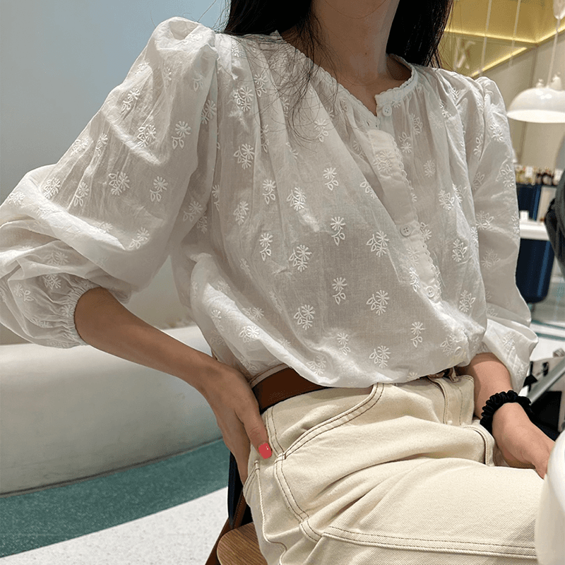 선물 화물 부드러운 프랑스식 숙녀 부서 달콤함 레이스 자수 레이스 셔츠 맨위 여성 루즈핏 슬림해 보이는 긴팔