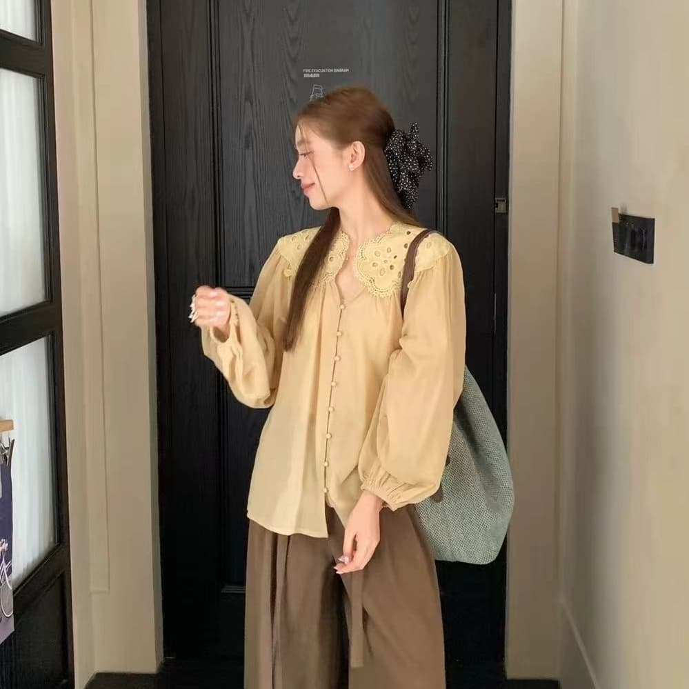 선물 화물 홀로우 아웃 레이스 한국 동대문 한 부서 품격 라운드 버클 작은 셔츠 이미지 3