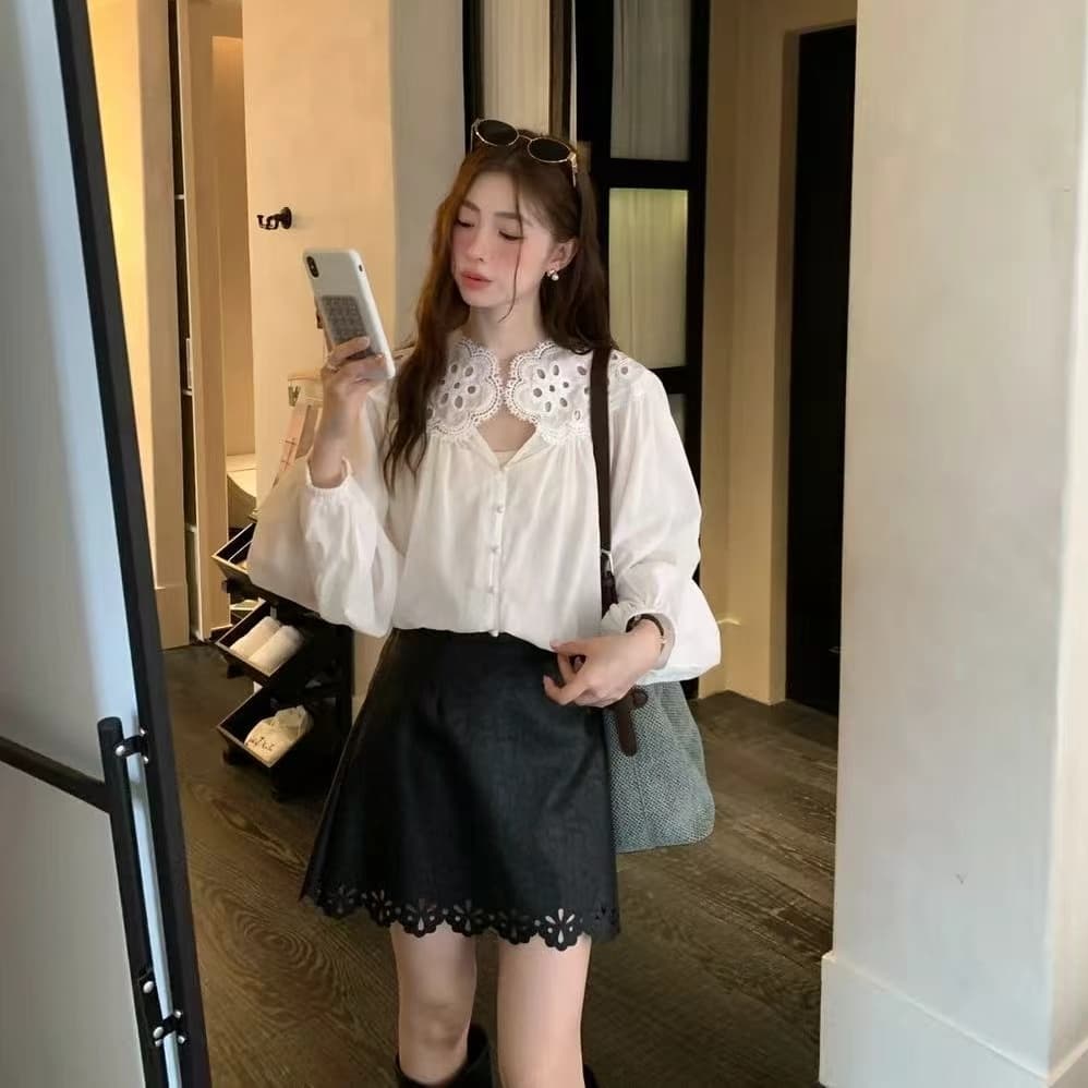 선물 화물 홀로우 아웃 레이스 한국 동대문 한 부서 품격 라운드 버클 작은 셔츠 상세 이미지 1