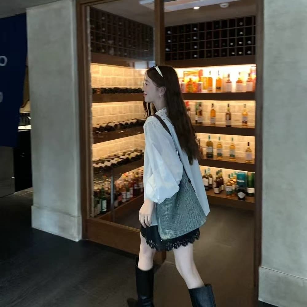 선물 화물 홀로우 아웃 레이스 한국 동대문 한 부서 품격 라운드 버클 작은 셔츠 상세 이미지 5