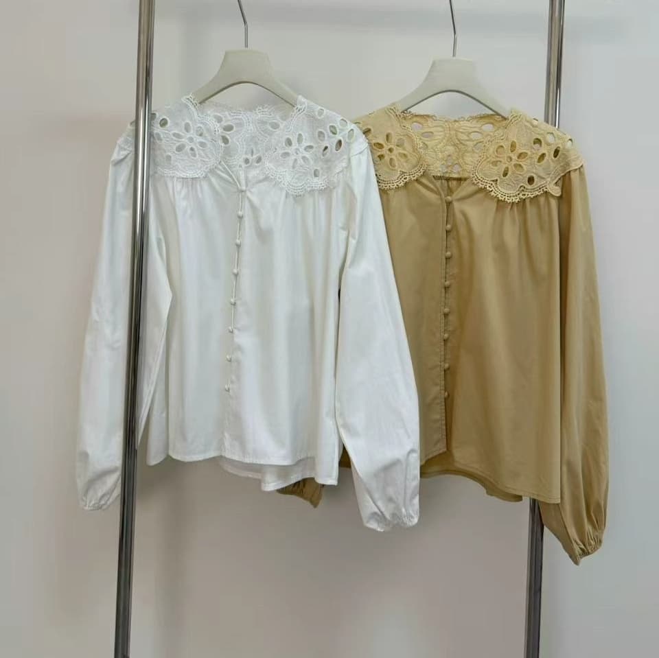 선물 화물 홀로우 아웃 레이스 한국 동대문 한 부서 품격 라운드 버클 작은 셔츠 상세 이미지 9