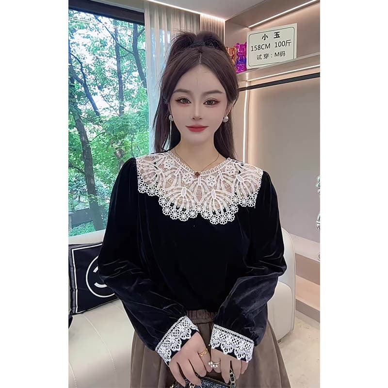 선물 화물 고급 레이스 홀로우 아웃 레이스 라운드 넥 금사 벨벳 맨위 가을 여성 고급 센스 외국 가스 착용 가져 가라. 이미지 2