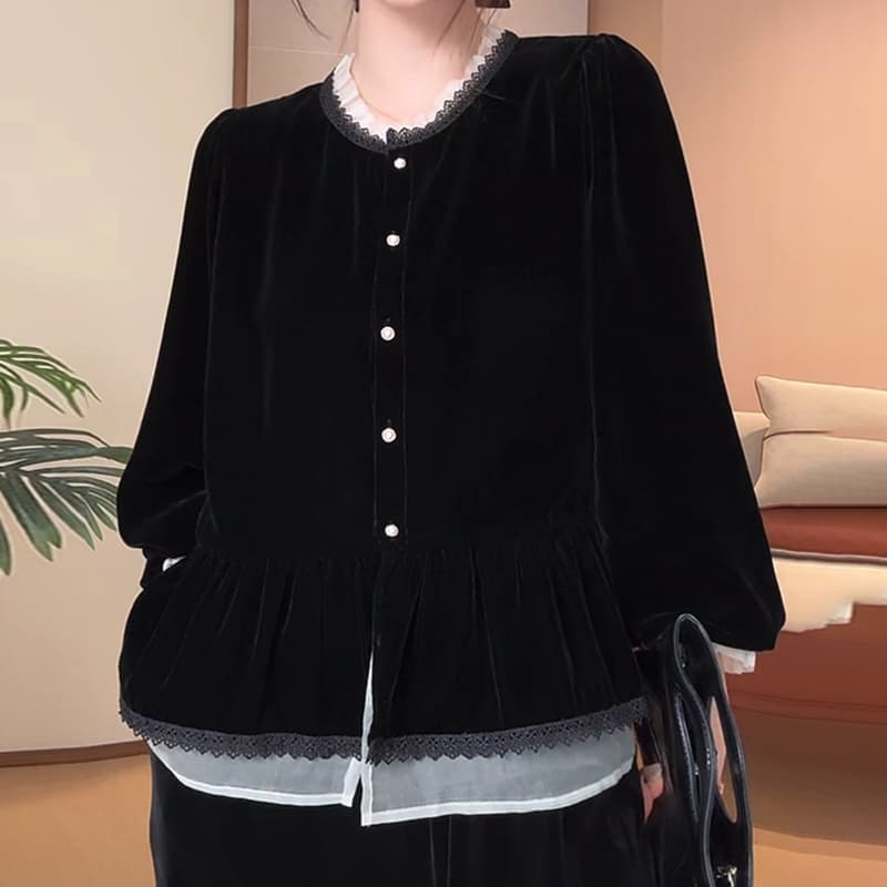 선물 화물 프릴 셔츠 여성 가을 패션 품격 캐주얼 슬림해 보이는 디자인 센스 검정색 벨벳 맨위 이미지 2