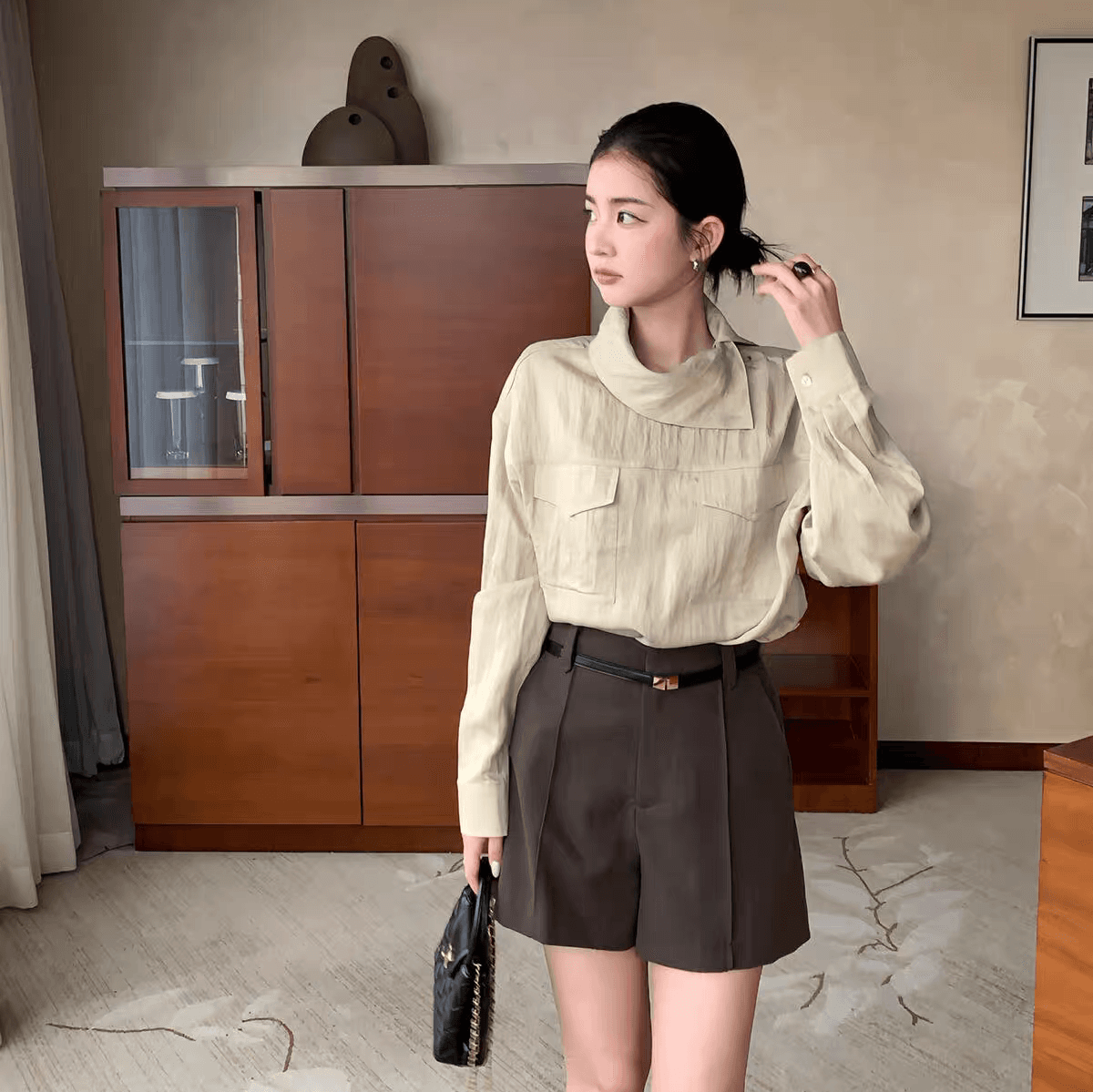 선물 화물 폴로 칼라 디자인 섹션 출퇴근 품격 섹션 셔츠 작은 셔츠 둘 착용 맨위 수 있습니다. 비스듬한 어깨 상세 이미지 22