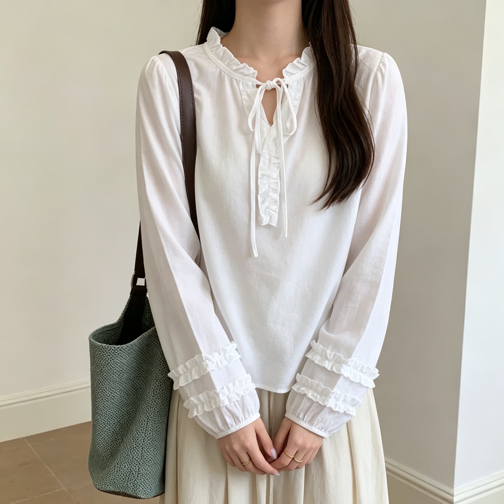 선물 화물 슬림해 보이는 루즈핏 부드러운 프릴 레이스업 칼라 루즈핏 긴팔 셔츠 이미지 3