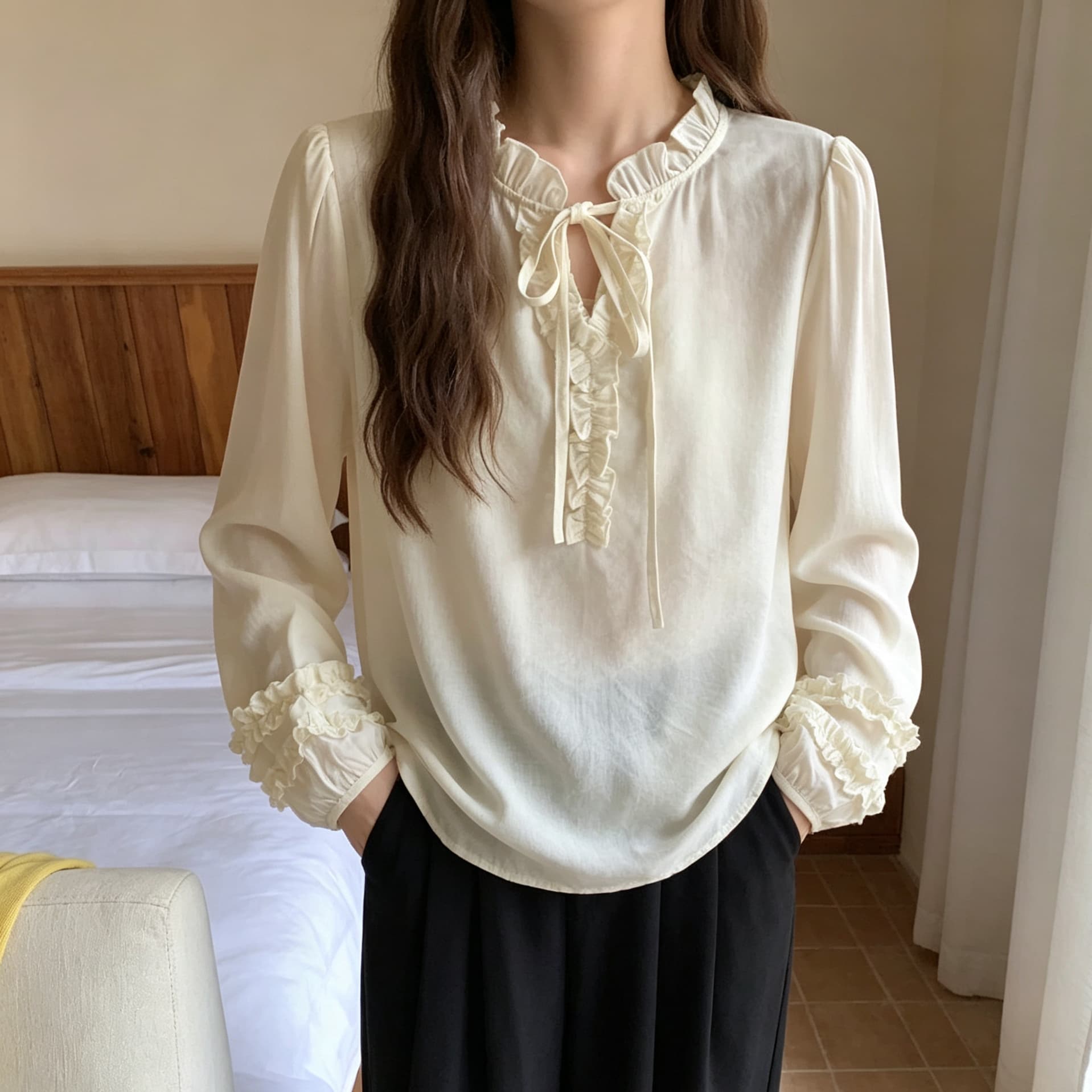 선물 화물 슬림해 보이는 루즈핏 부드러운 프릴 레이스업 칼라 루즈핏 긴팔 셔츠 상세 이미지 6