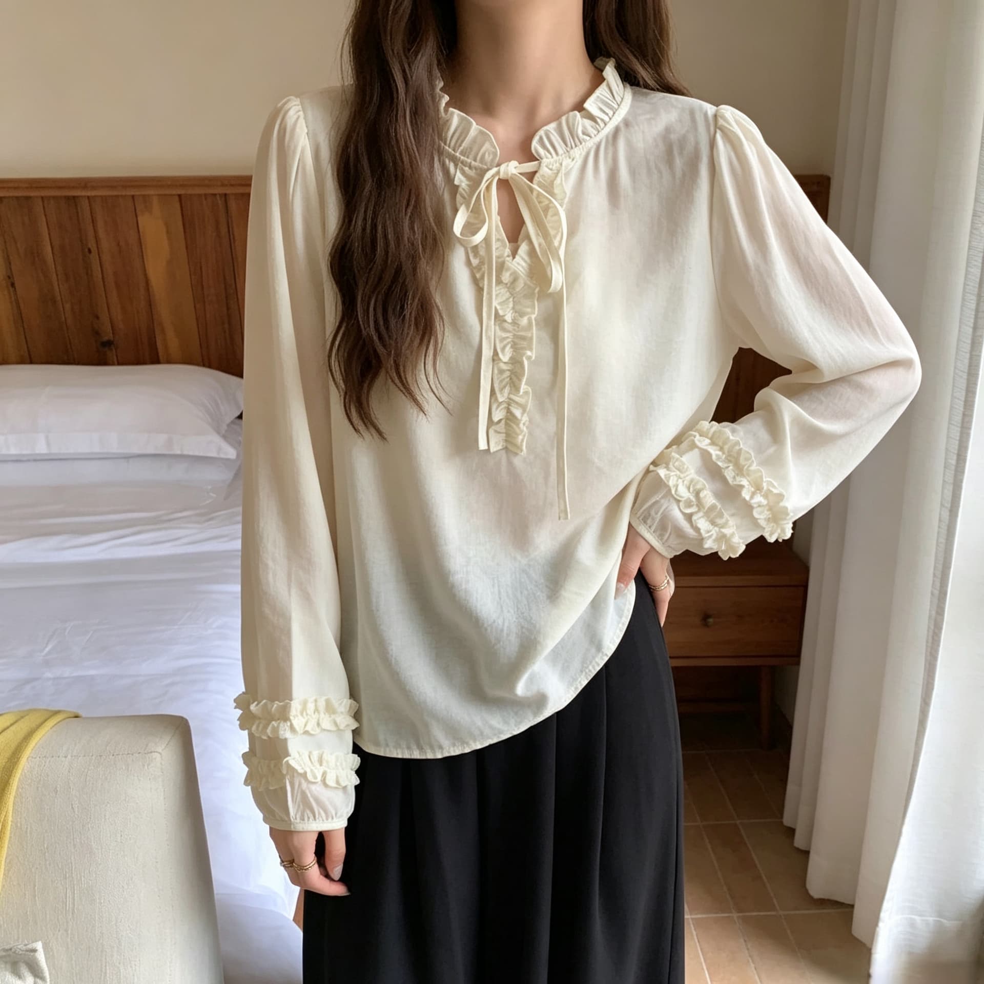 선물 화물 슬림해 보이는 루즈핏 부드러운 프릴 레이스업 칼라 루즈핏 긴팔 셔츠 상세 이미지 8