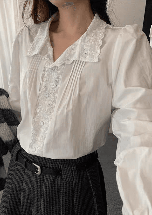 선물 화물 자수 레이스 패치워크 여성 셔츠 한국 chic 폴로 칼라 루즈핏 슬림해 보이는 미니멀리즘 달콤함 다용도 맨위 상세 이미지 2