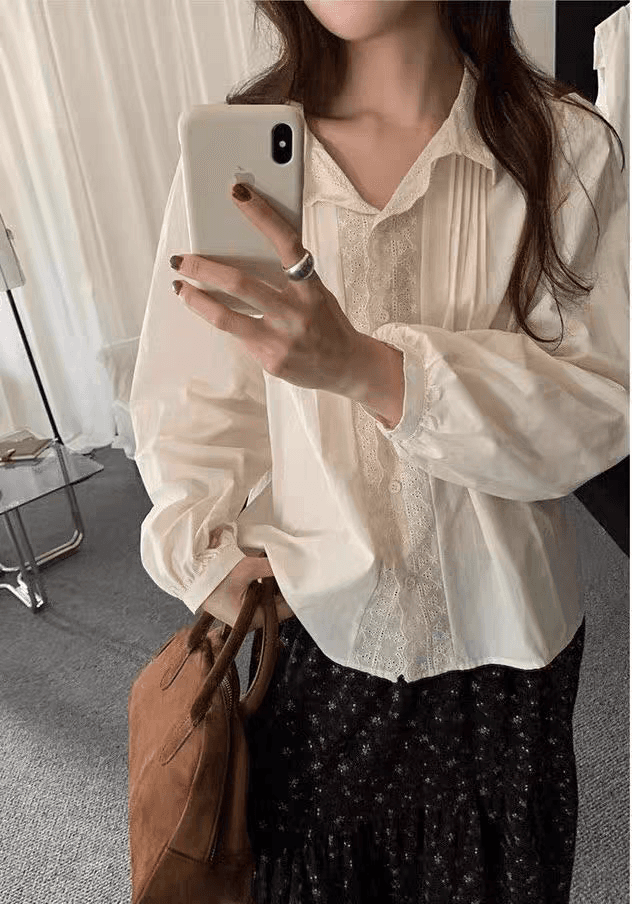 선물 화물 자수 레이스 패치워크 여성 셔츠 한국 chic 폴로 칼라 루즈핏 슬림해 보이는 미니멀리즘 달콤함 다용도 맨위 상세 이미지 4