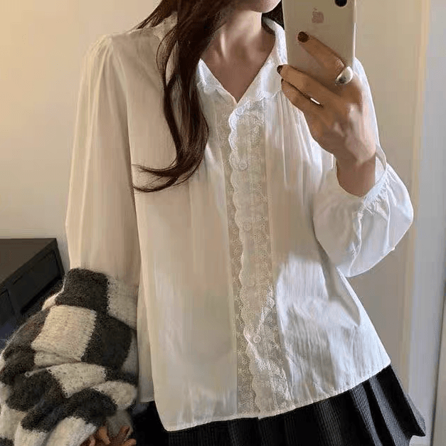 선물 화물 자수 레이스 패치워크 여성 셔츠 한국 chic 폴로 칼라 루즈핏 슬림해 보이는 미니멀리즘 달콤함 다용도 맨위 상세 이미지 6