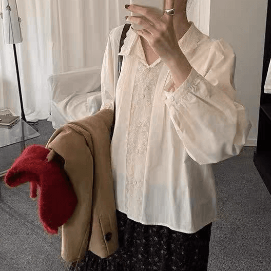 선물 화물 자수 레이스 패치워크 여성 셔츠 한국 chic 폴로 칼라 루즈핏 슬림해 보이는 미니멀리즘 달콤함 다용도 맨위 상세 이미지 8