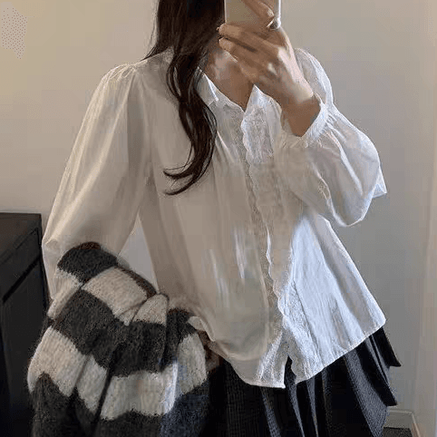 선물 화물 자수 레이스 패치워크 여성 셔츠 한국 chic 폴로 칼라 루즈핏 슬림해 보이는 미니멀리즘 달콤함 다용도 맨위 상세 이미지 10
