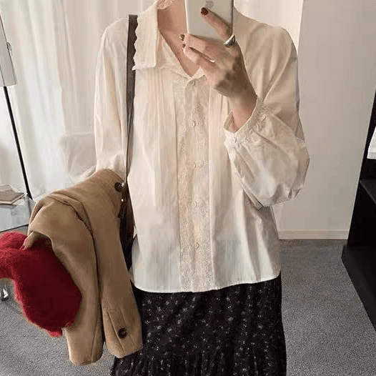 선물 화물 자수 레이스 패치워크 여성 셔츠 한국 chic 폴로 칼라 루즈핏 슬림해 보이는 미니멀리즘 달콤함 다용도 맨위 상세 이미지 12