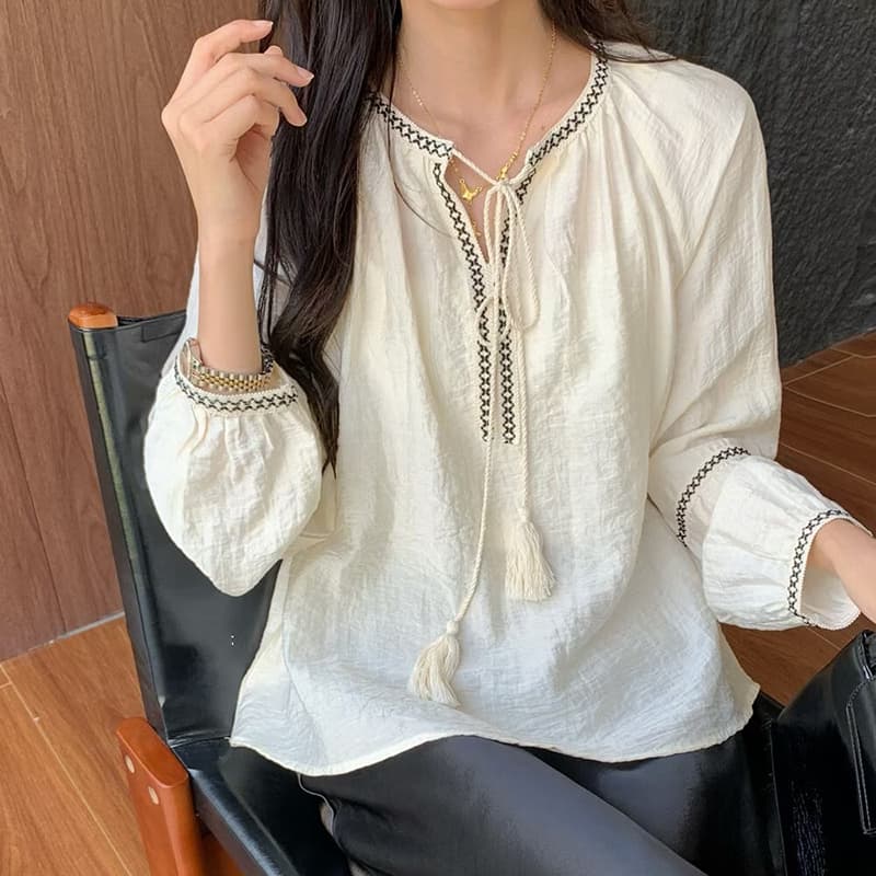 선물 화물 한국 스타일 에디션 캐주얼 루즈핏 다용도 슬림해 보이는 레트로 품격 패치워크 레이스 업 셔츠 트렌디