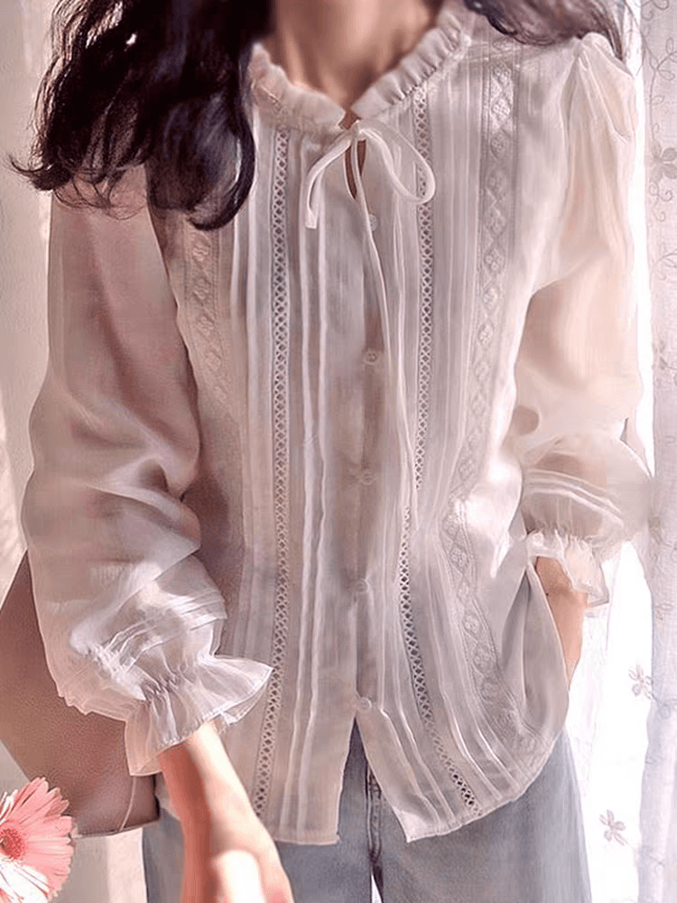 선물 화물 순수한 홀로우 아웃 꽃 Pleat 측면 레이스업 꽃밭 소매 셔츠