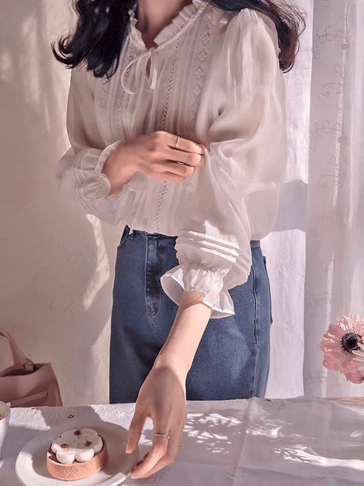 선물 화물 순수한 홀로우 아웃 꽃 Pleat 측면 레이스업 꽃밭 소매 셔츠 이미지 2