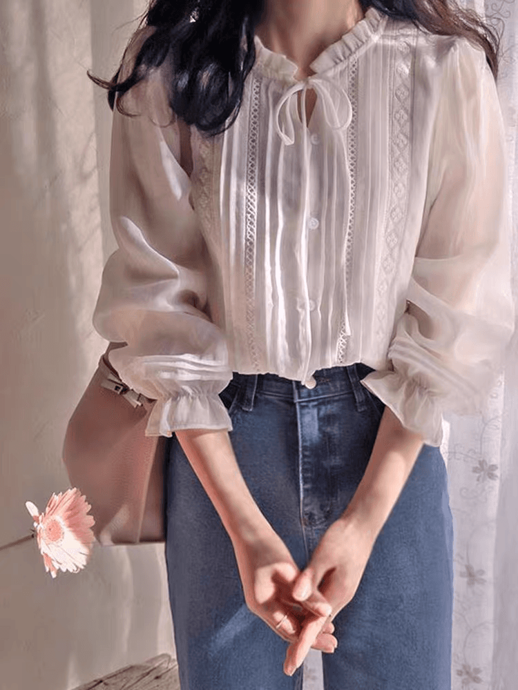선물 화물 순수한 홀로우 아웃 꽃 Pleat 측면 레이스업 꽃밭 소매 셔츠 이미지 3